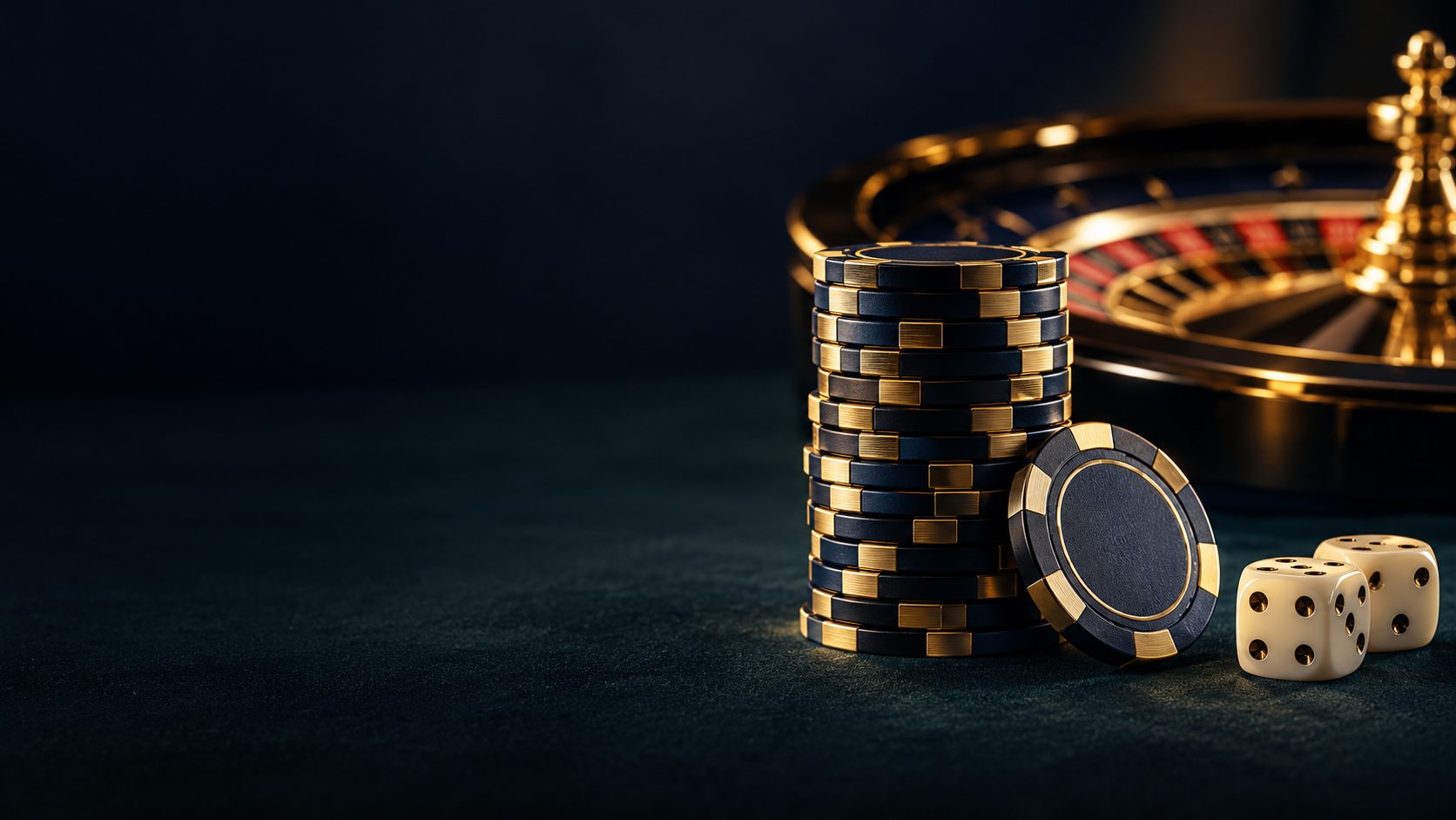An elegant casino floor at night, with a roulette table and stacks of chips