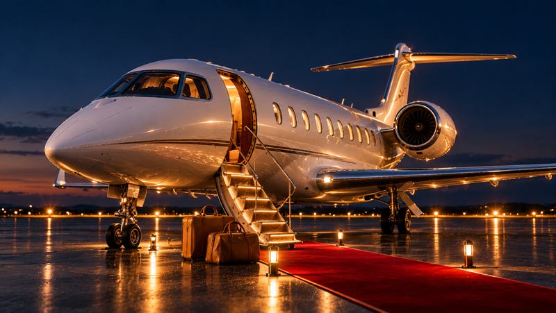 A private jet on a red carpet at sunset